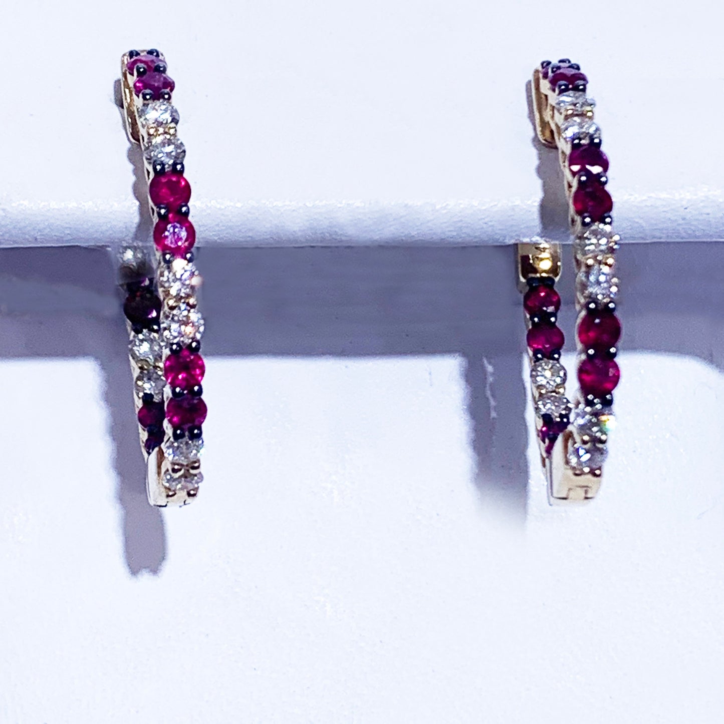 14k Yellow Gold Ruby Diamond Hoop Earrings