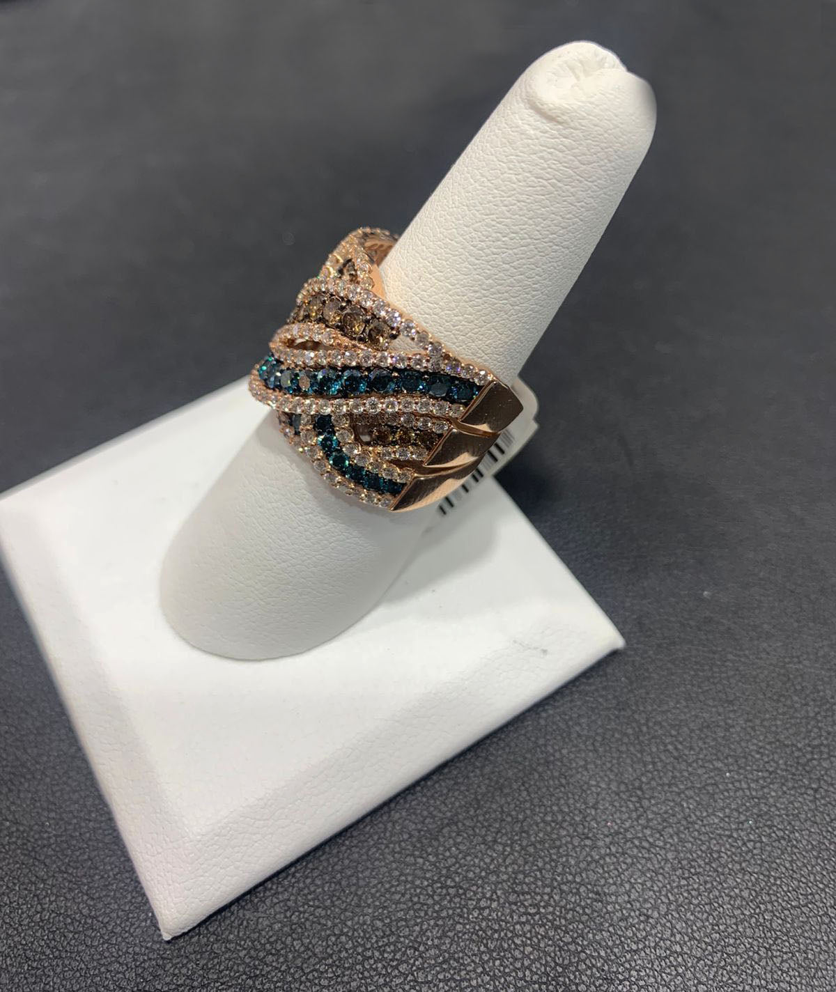 14k Rose Gold Brown, Blue & White Diamond Ring
