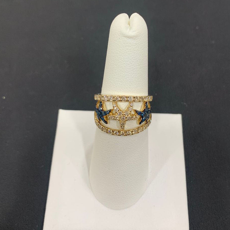14k Yellow Gold Starfish Blue & White Diamond Ring