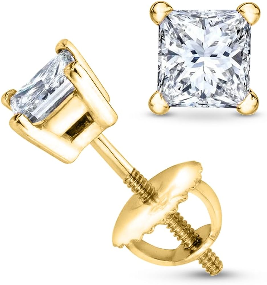 14K YELLOW GOLD LAB GROWN DIAMOND PRINCESS STUD EARRINGS