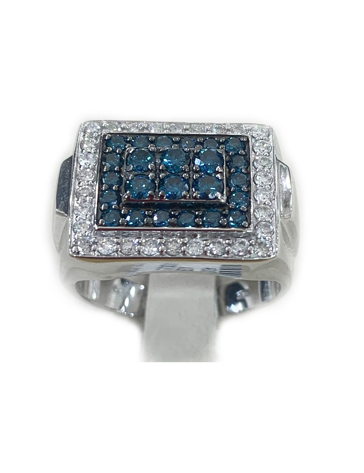 14k White Gold Blue Diamond Mens Ring