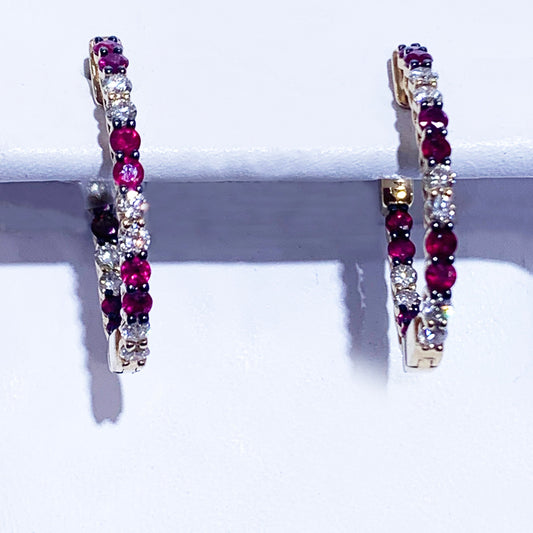 14k Yellow Gold Ruby Diamond Hoop Earrings