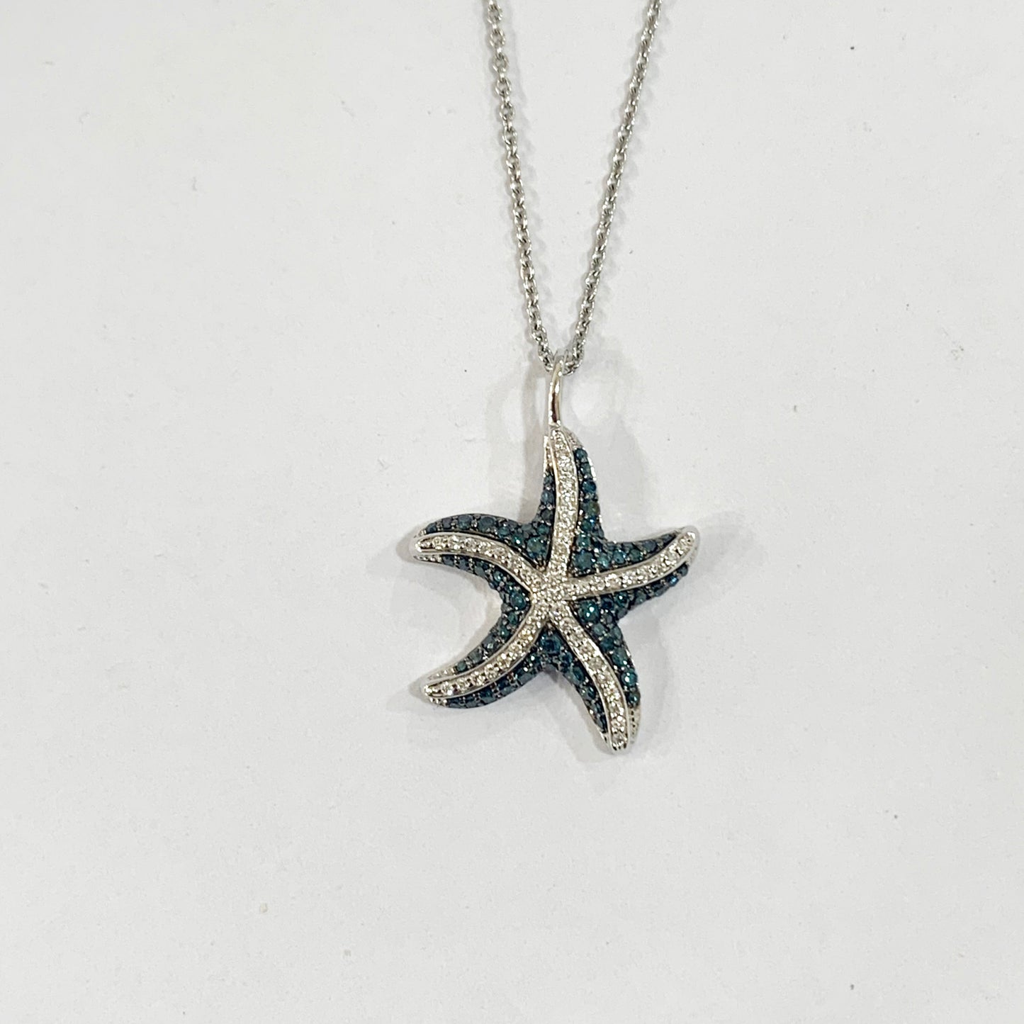 14k White Gold Blue Diamond Starfish Pendant