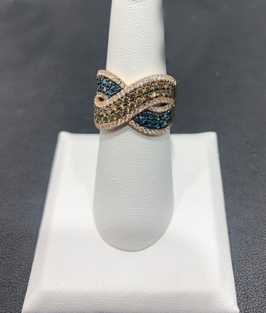 14k Rose Gold Brown, Blue & White Diamond Ring