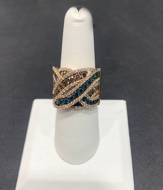 14k Rose Gold Brown, Blue &amp; White Diamond Ring